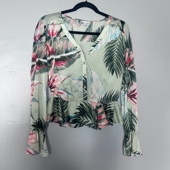 GUESS Women’s Blouse Size S Green hawaiian print Floral Long Sleeve sheer Top - Picture 1 of 7